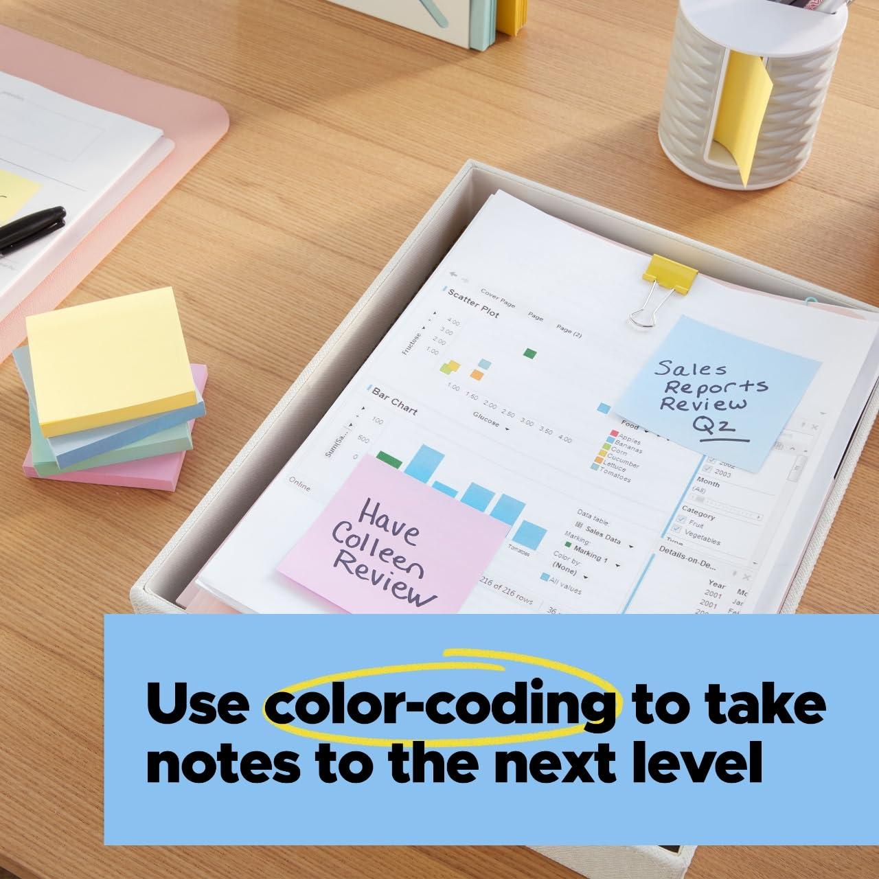 Post-it Recycled Super Sticky Notes 4"x6" Pastels: Large Unbound Multicolored Sticky Notes, 180 Sheets, 100% Recycled Paper