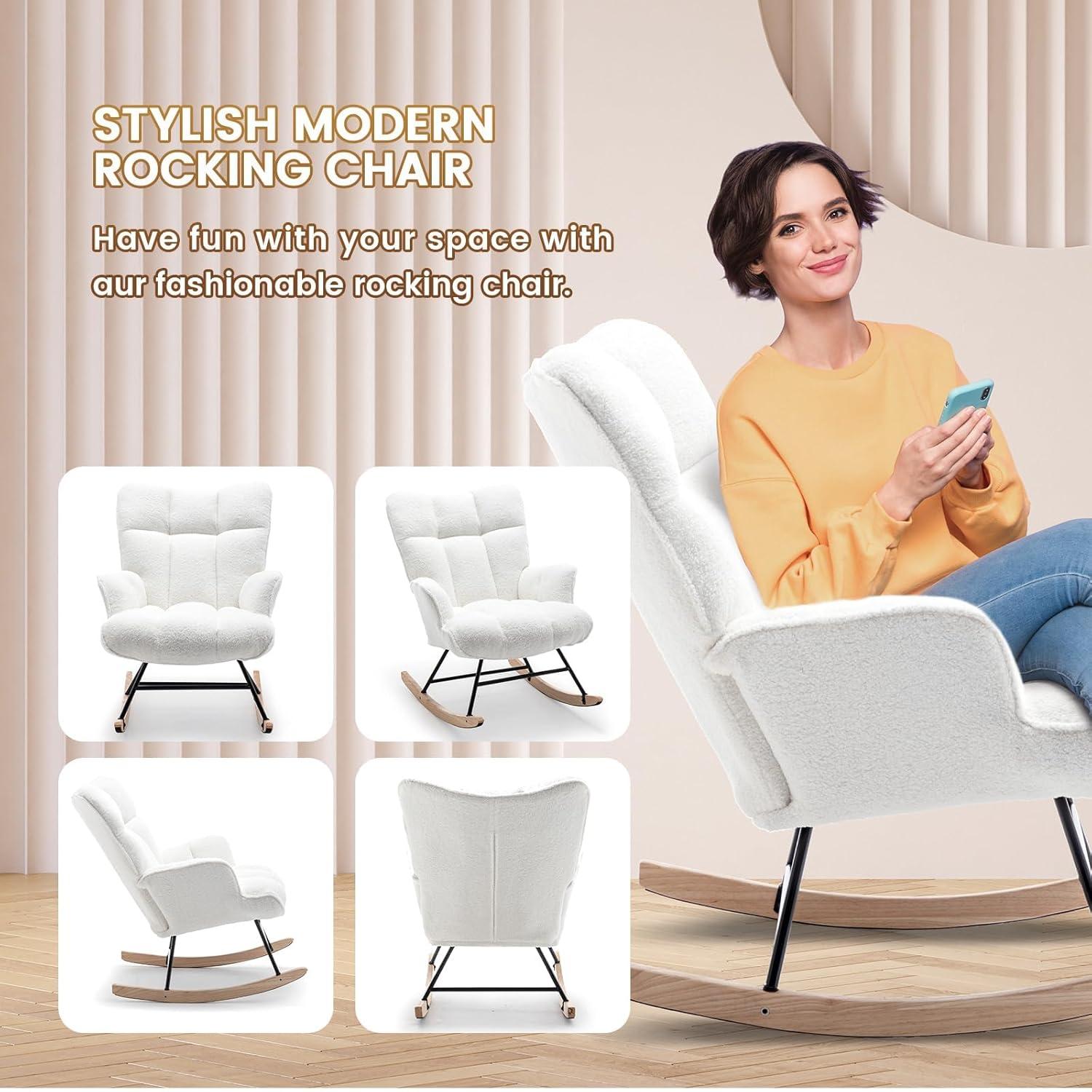 Nursery Rocking Chair Teddy, Upholstered Glider Rocker with High Backrest, Comfortable Stylish Accent Armchair with Padded Seat for Living Rooms, Bedrooms, Offices