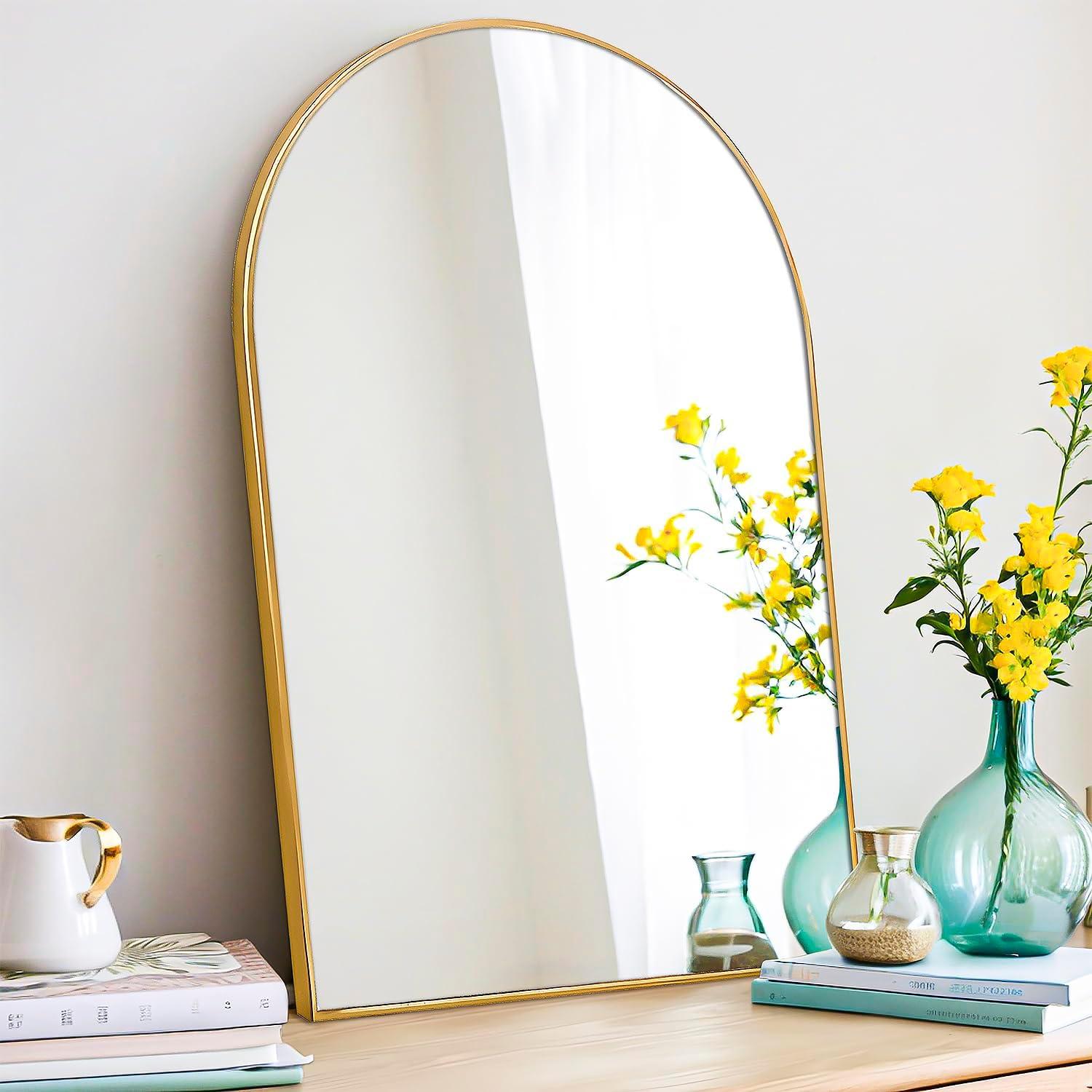 Luxhomez 36" x 24" Arch Wall Mirror for Vanity/ Bathroom, Metal Bathroom Mirror with Waterproof Aluminum Alloy Frame, Gold