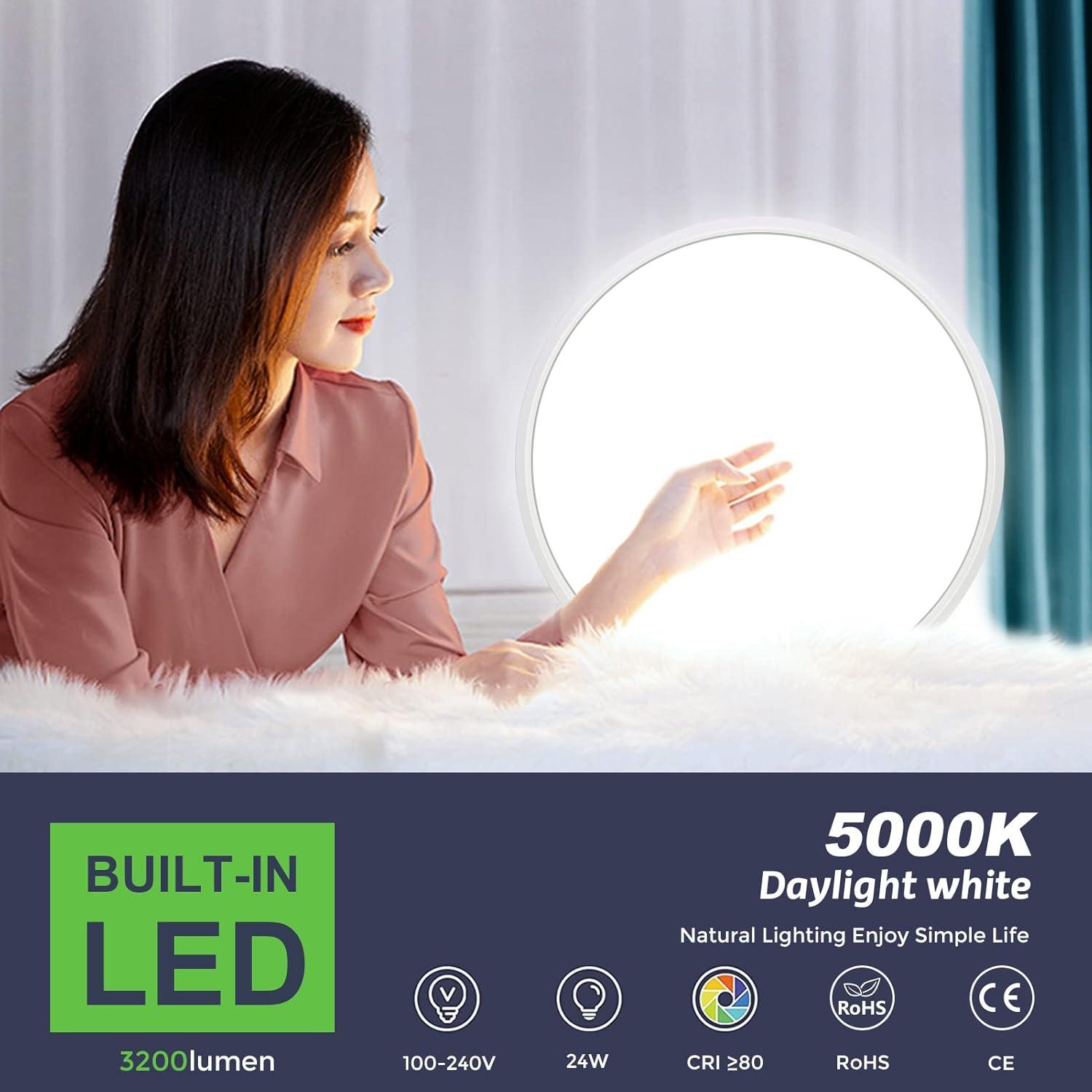 12 Inch LED Flush Mount Ceiling Light Fixture, 5000K Daylight White, 3200LM, 24W, Flat Modern round Lighting Fixture, 240W Equivalent White Ceiling Lamp for Kitchens, Stairwells, Bedrooms.Etc.