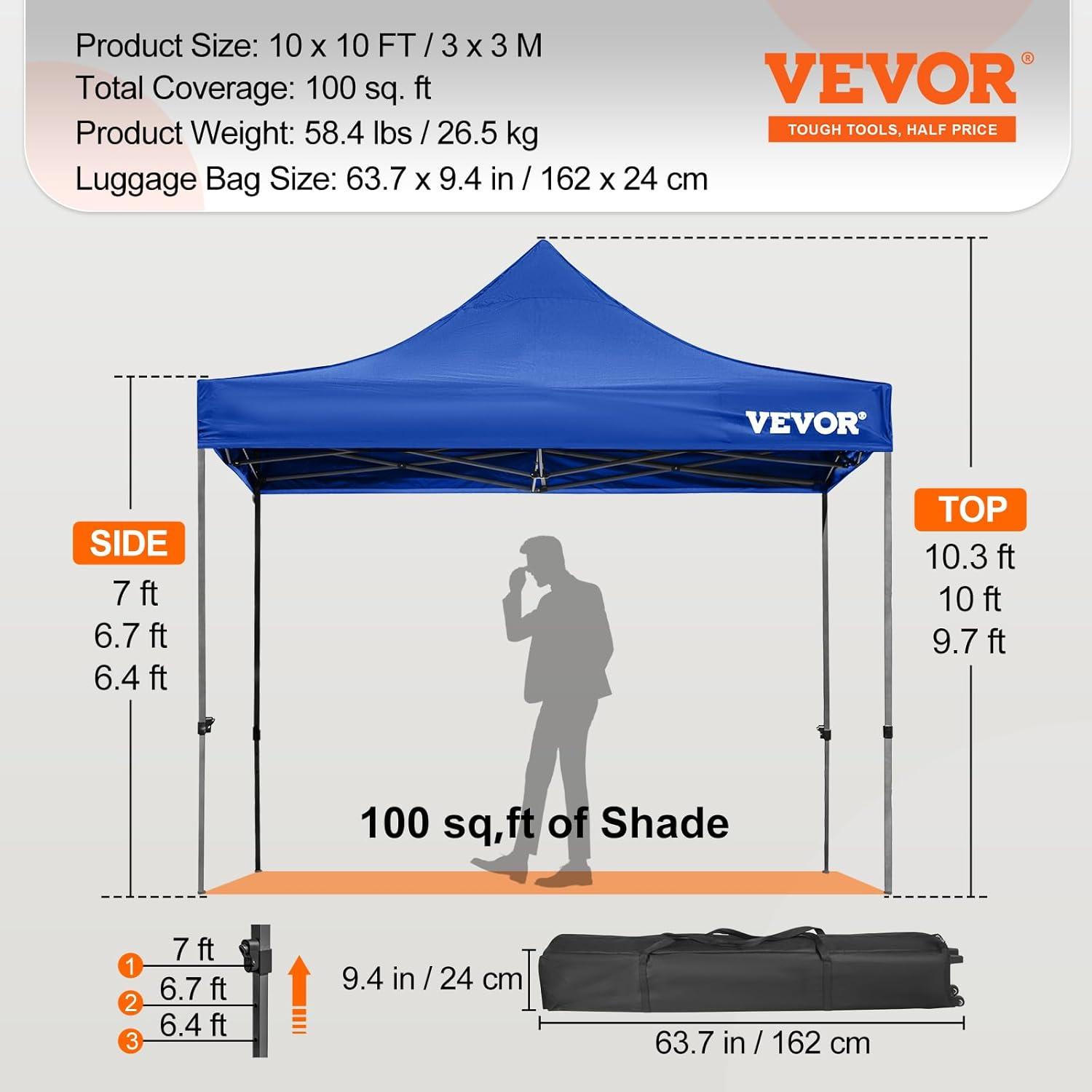 VEVOR 10x10 Blue Pop-Up Canopy Tent with Sidewalls and Wheeled Bag