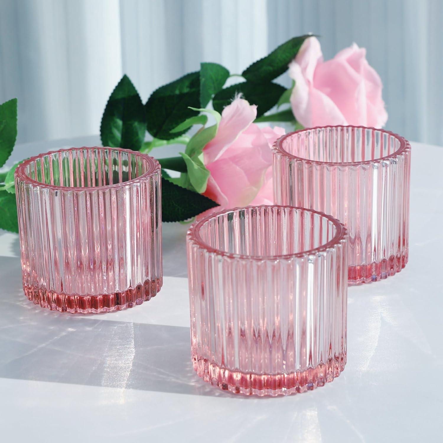 Blush Pink Ribbed Glass Votive Candle Holders, Set of 6