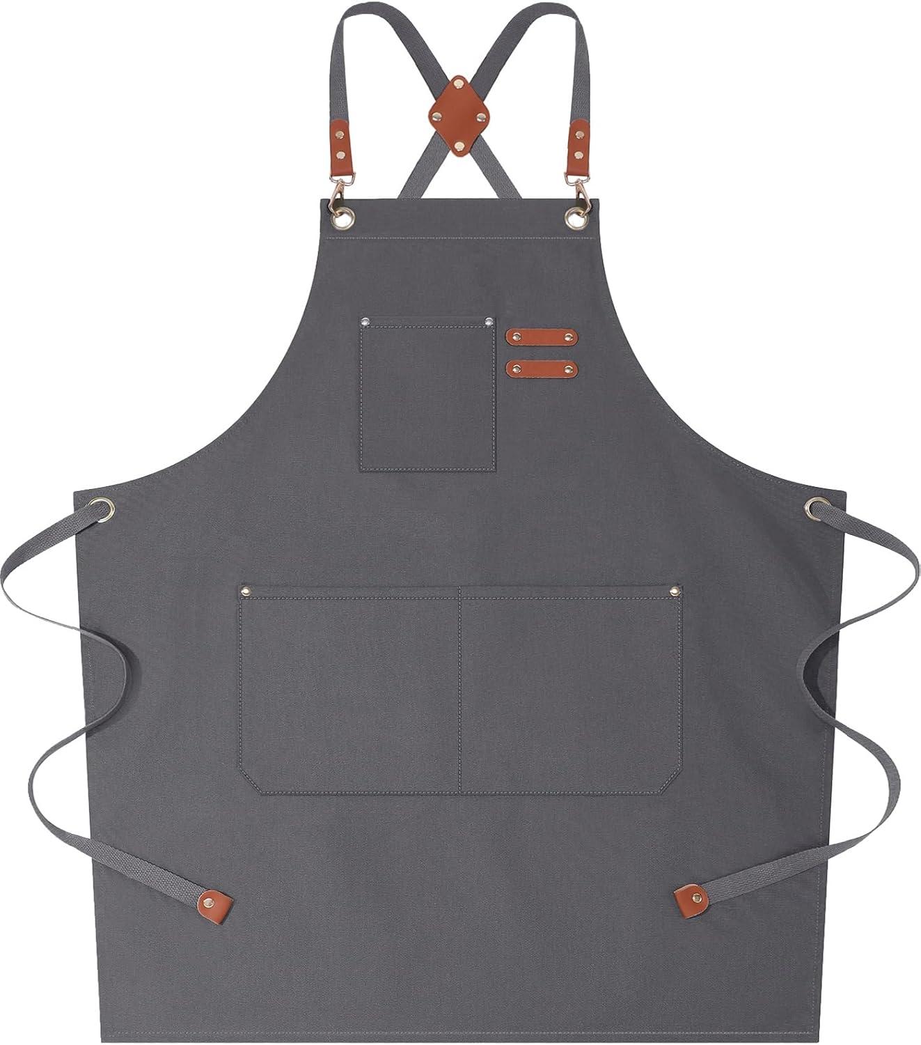 AFUN Chef Aprons for Men Women with Large Pockets, Cotton Canvas Cross Back Heavy Duty Adjustable Work Apron, Size M to XXL(Grey)