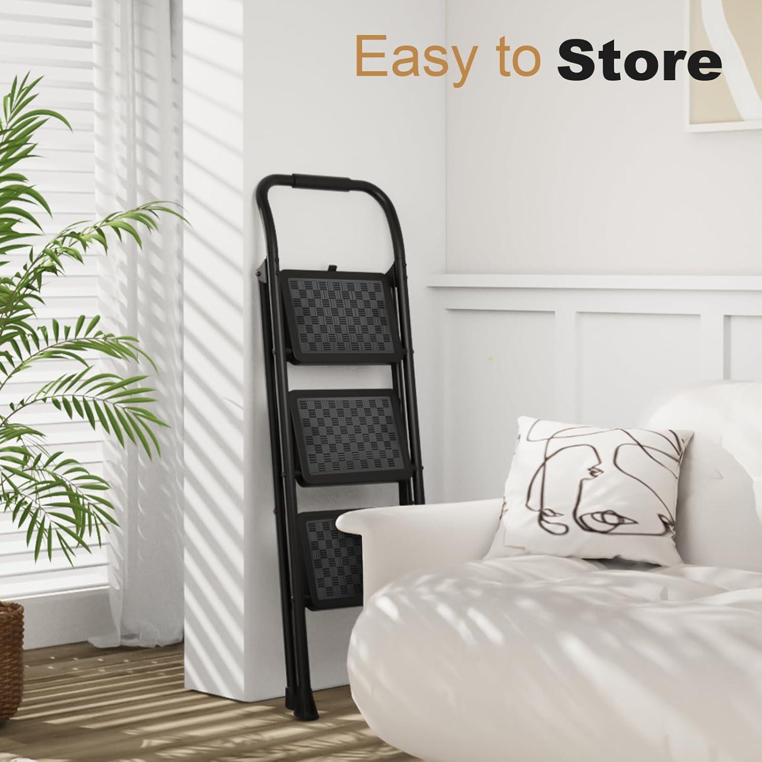 Black Folding 3-Step Ladder with Cushioned Handle