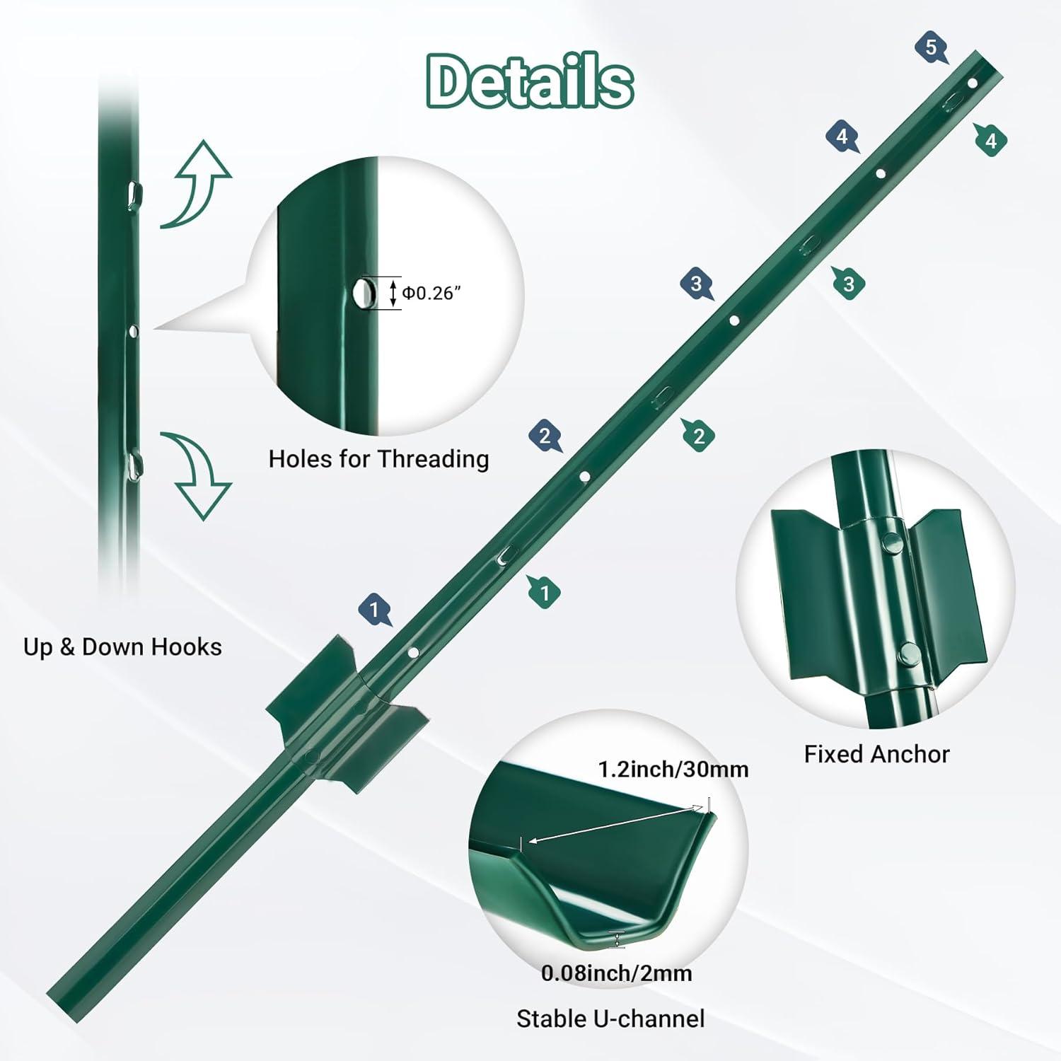 Fence Posts 3Feet - 10Pack, Heavy Duty Metal Fence Post with U-Channel, Steel Fence U-Post for Holding Garden Wire Fence, Corner Anchor Posts etc.