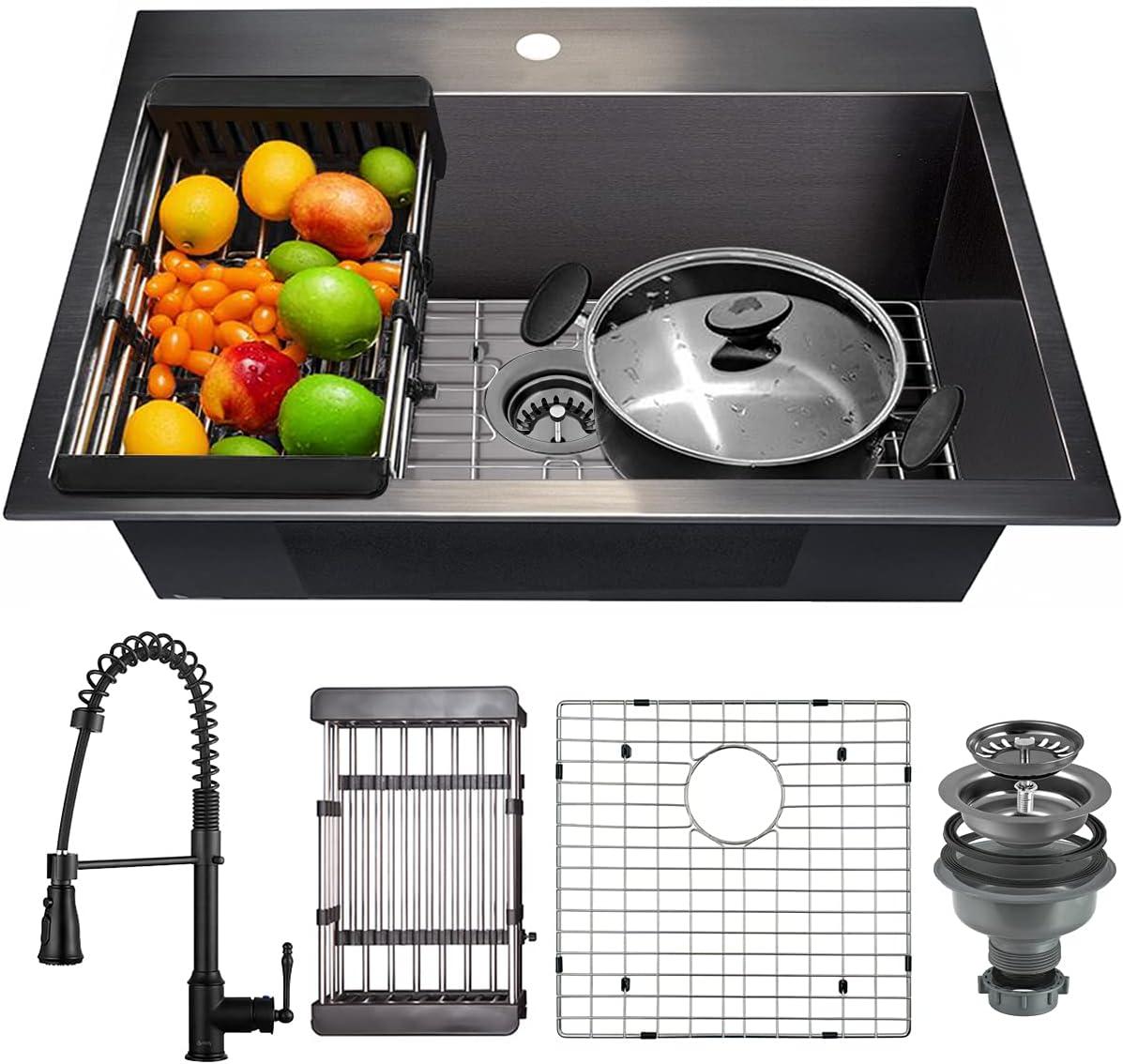 Matte Black Stainless Steel Single Bowl Kitchen Sink with Faucet Combo