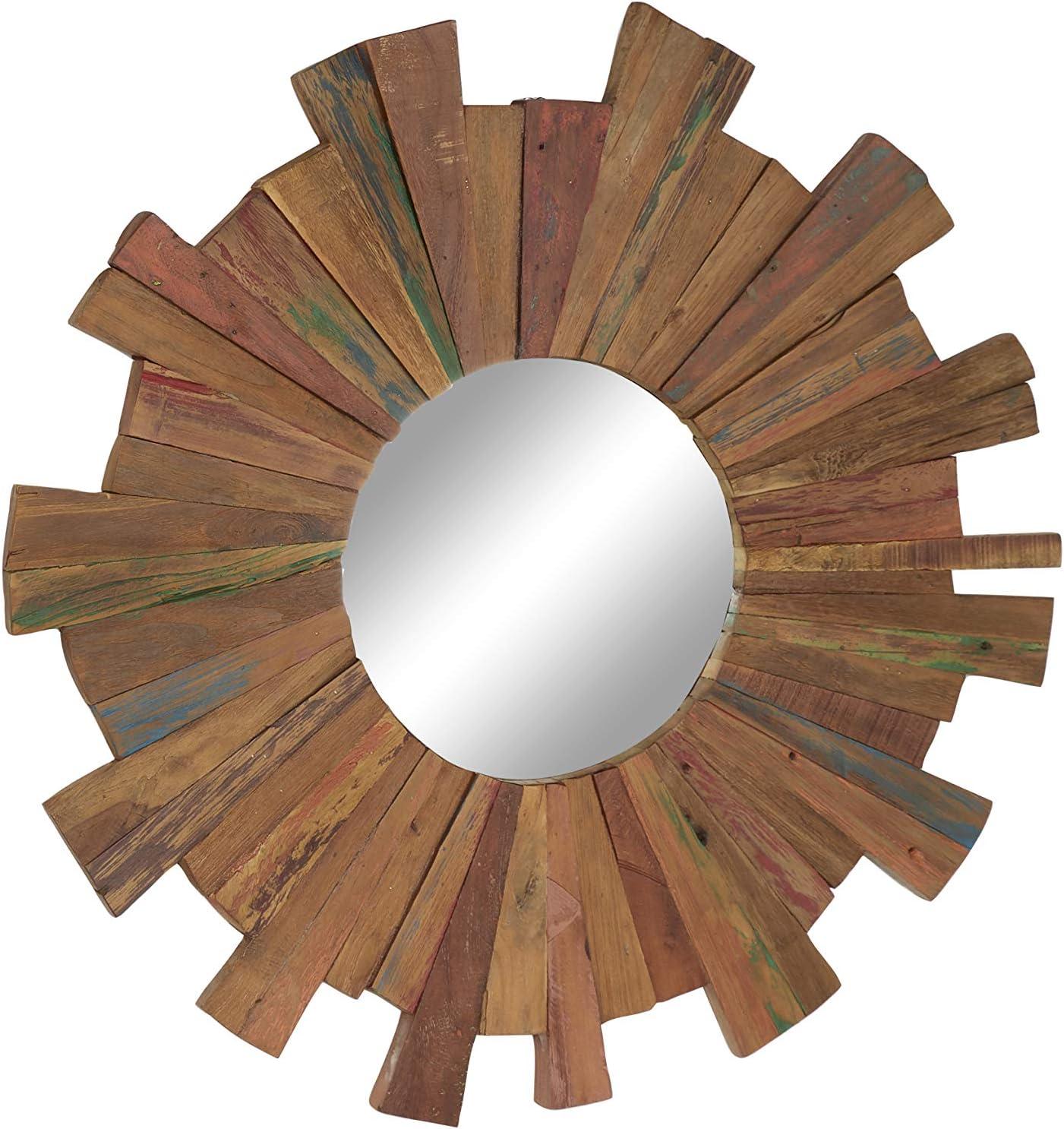 Large Eclectic Multicolor Reclaimed Wood Round Wall Mirror