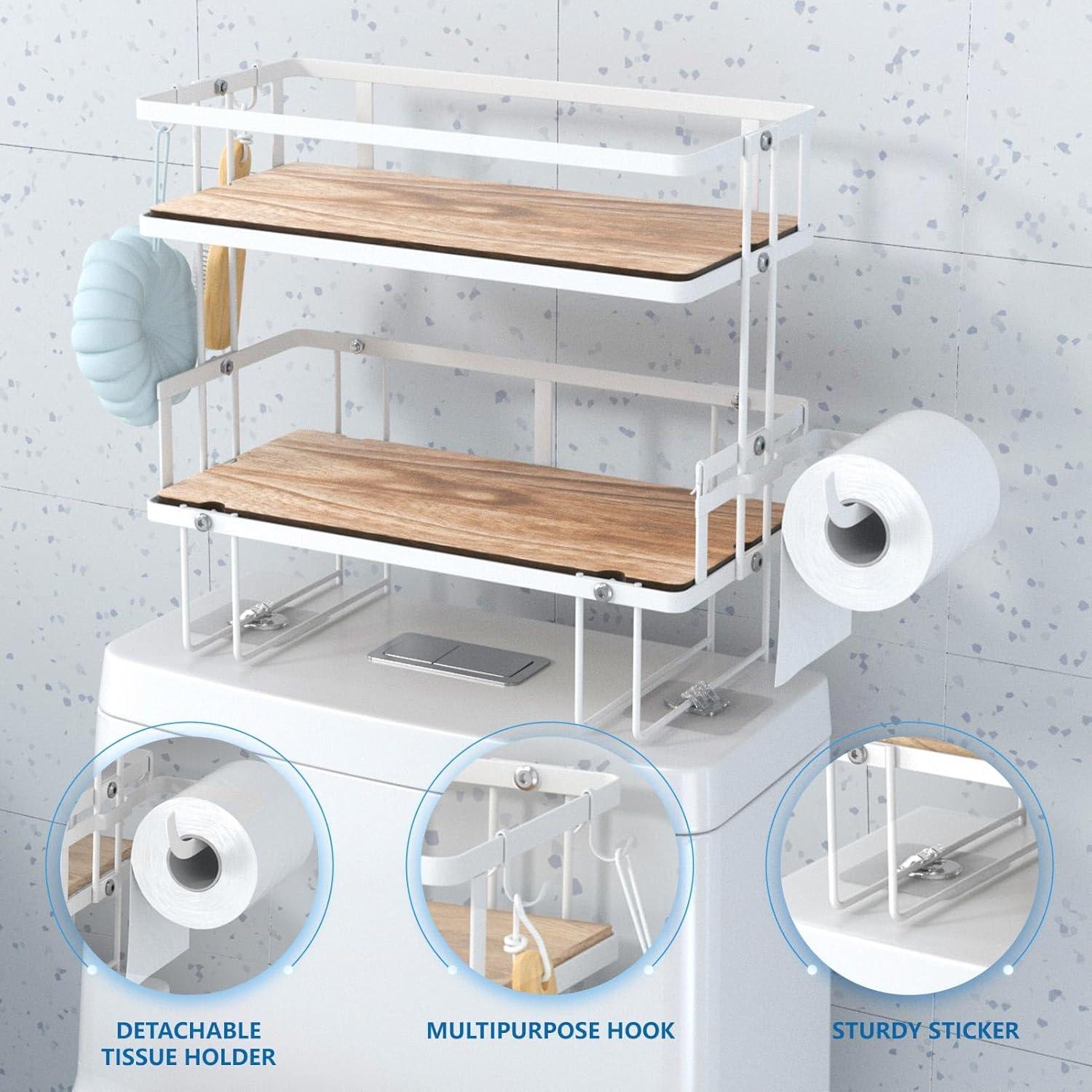 White Metal and Wood 2-Tier Over-the-Toilet Storage Shelf