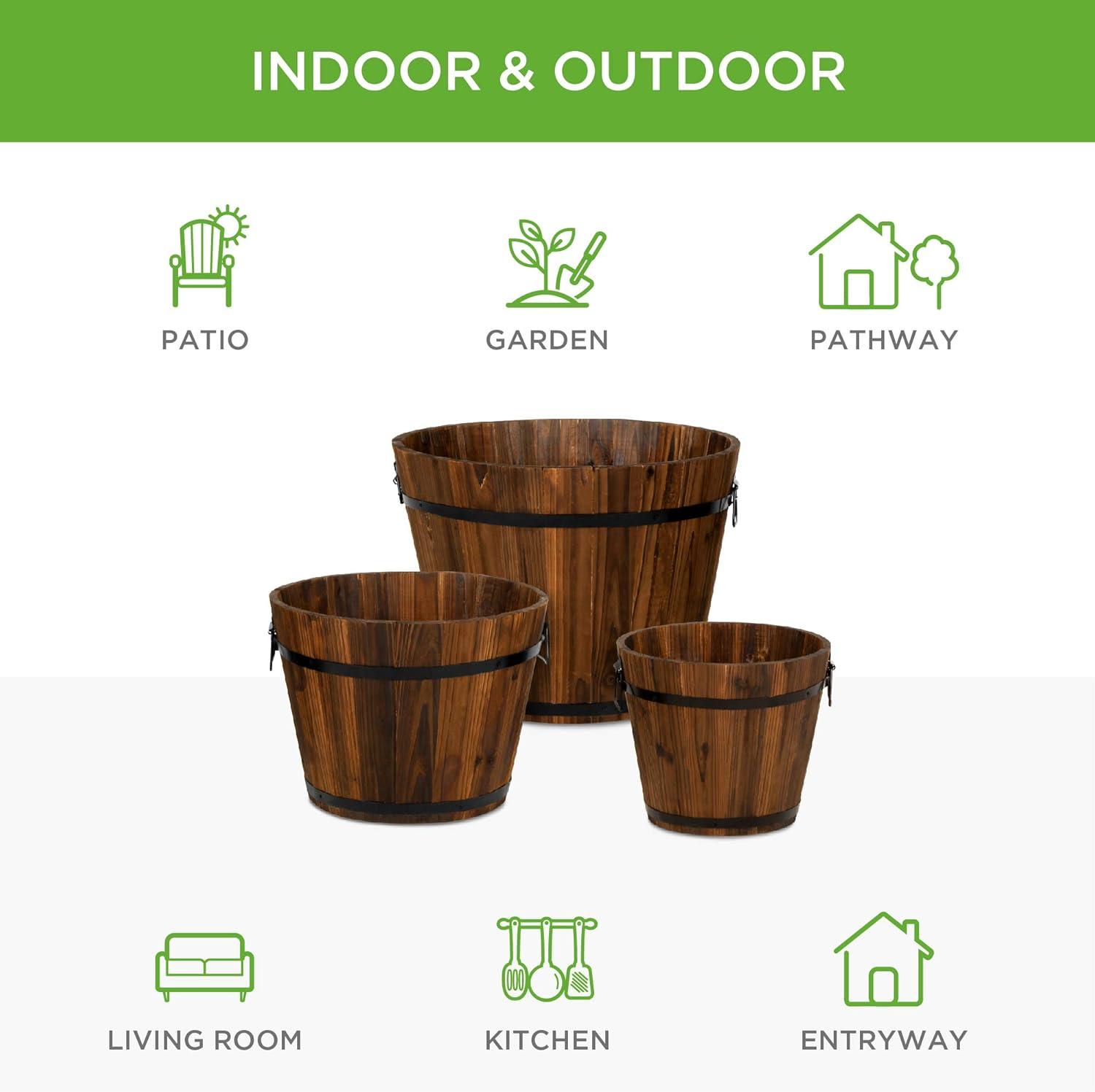 Rustic Wooden Barrel Trio Planters for Indoor & Outdoor Elegance