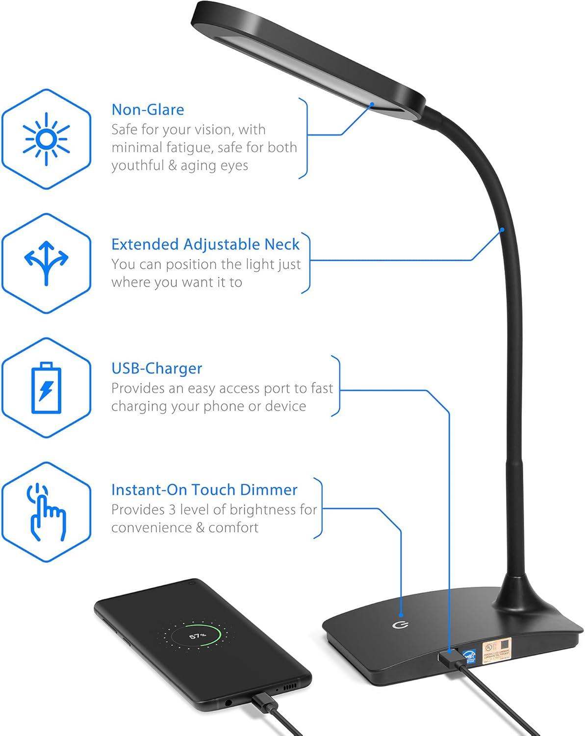 LED Desk Lamp with USB Port for Home Office - Super Bright Small Desk Lamp, a Perfect LED Desk Light as Study Lamp, Bedside Reading Lights (Black)