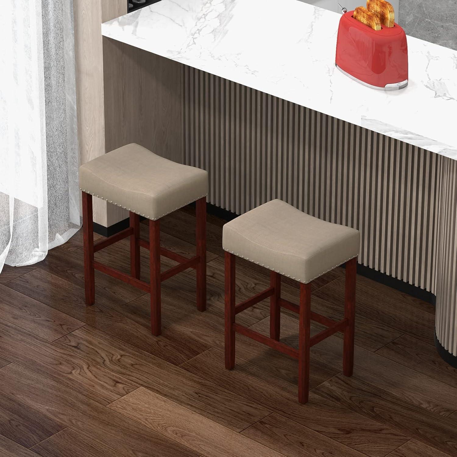 Costway Set of 2 Bar Stools Counter Height Saddle Kitchen Chairs with Wooden Legs Beige