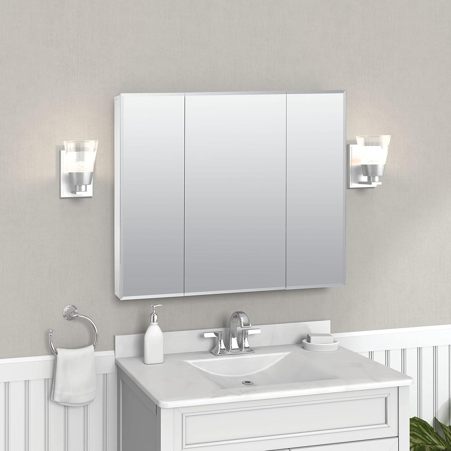 36" Silver Frameless Tri-View Medicine Cabinet with Beveled Edge