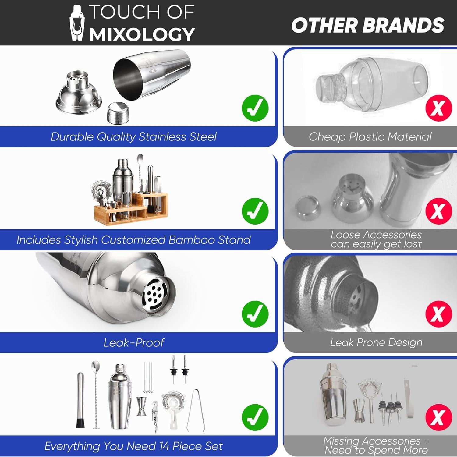 Touch of Mixology Premium 14 Piece Stainless Steel Bartender Kit with Bamboo Stand