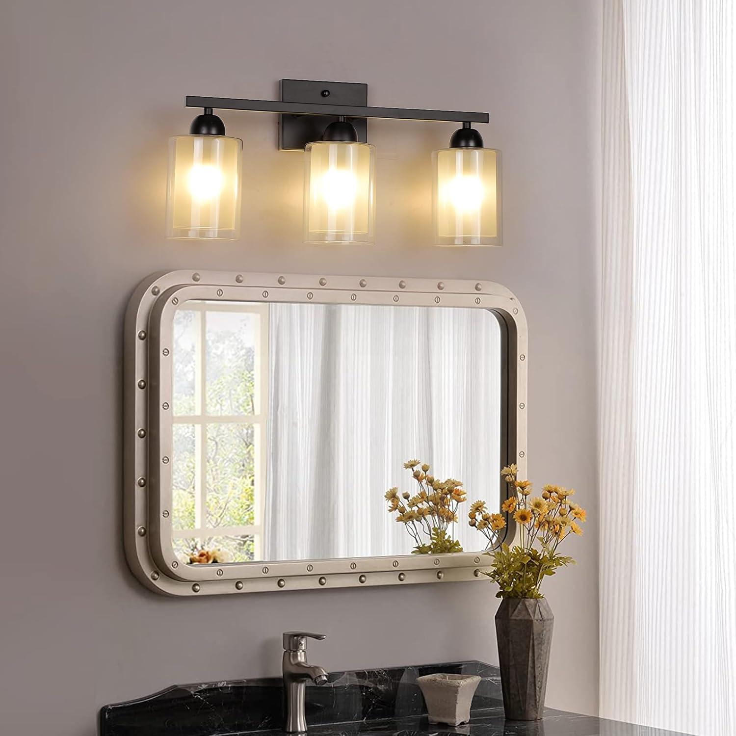 3-Light Bathroom Light Fixtures Bathroom Vanity Lights with Clear Glass Shades Matte Black Bathroom Light Fixtures over mirror for Mirror Living Room Cabinet Bedroom Porch