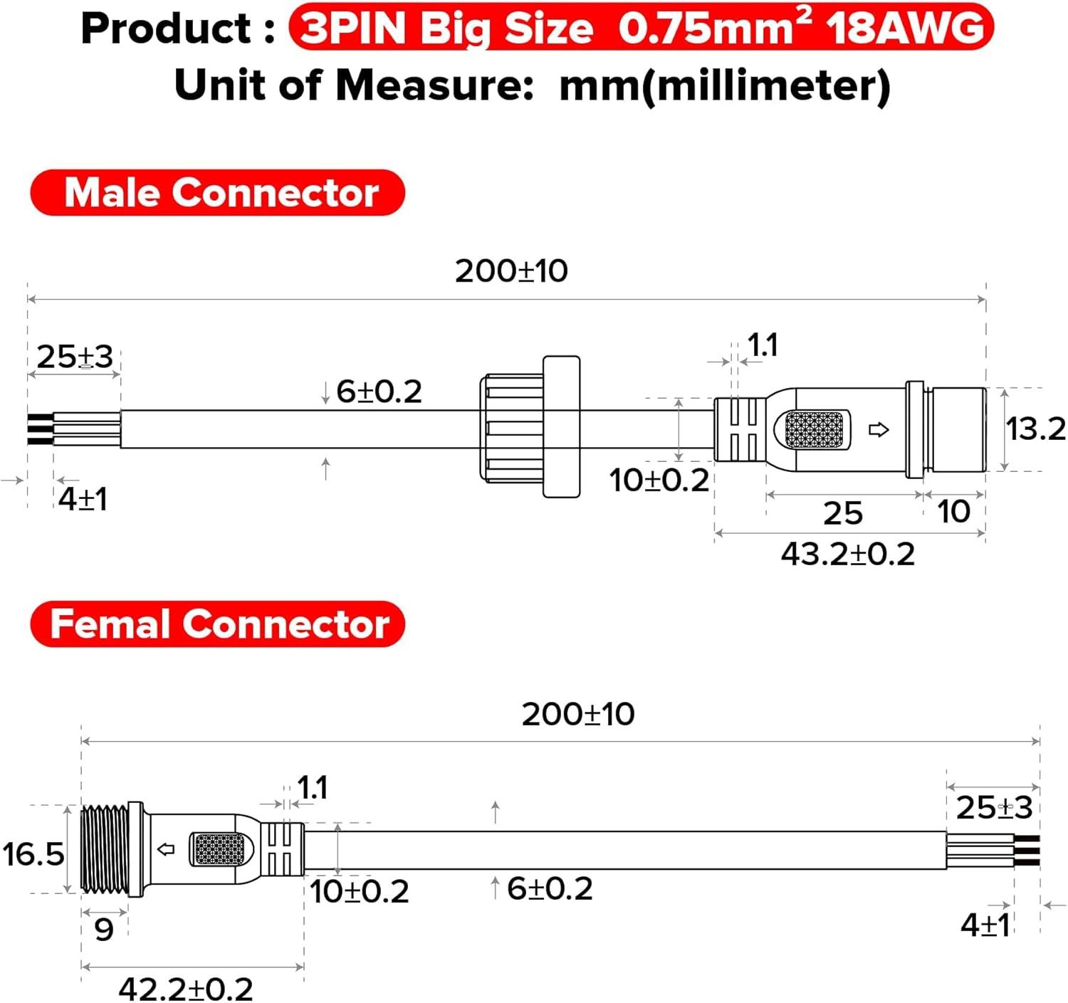 BTF-LIGHTING 3 Pin Electrical Connector 22AWG IP65 Male Female Connector 7.87in/20cm Extension Cable for Car,Truck,Boat,Indoor/Outdoor LED Strip Lights/String 15mm Nut Small Size 5 Pairs