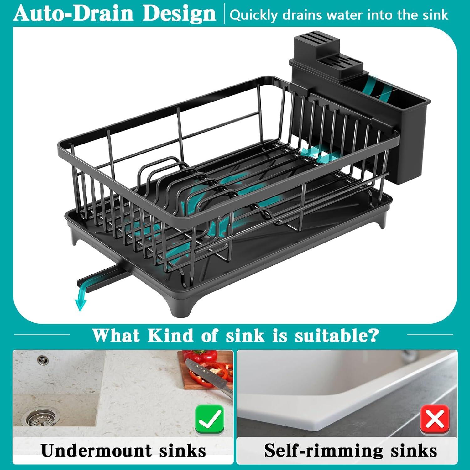 iSPECLE Dish Drying Rack with Drainboard - Compact Dish Racks for Kitchen Counter or in Sink, Small Dish Drainer with Utensil Holder and Drain Spout, Black