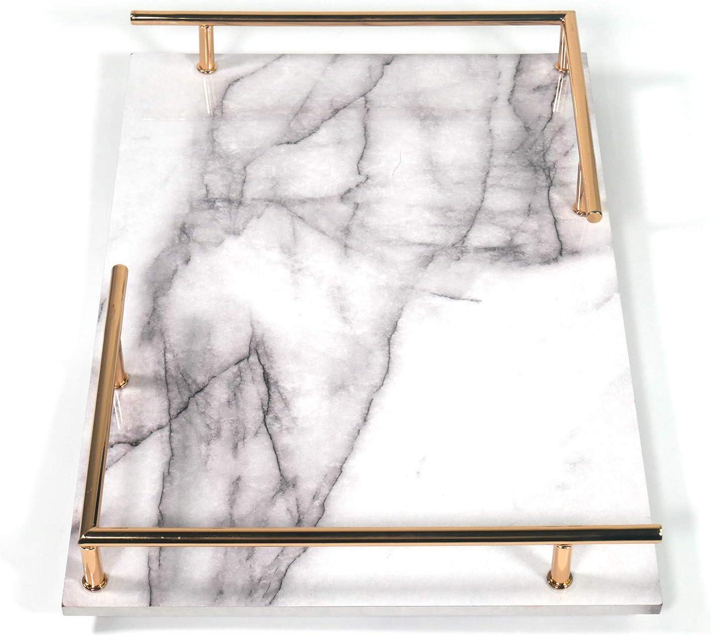 Gray and White Marble Print Vanity Tray with Gold Handles