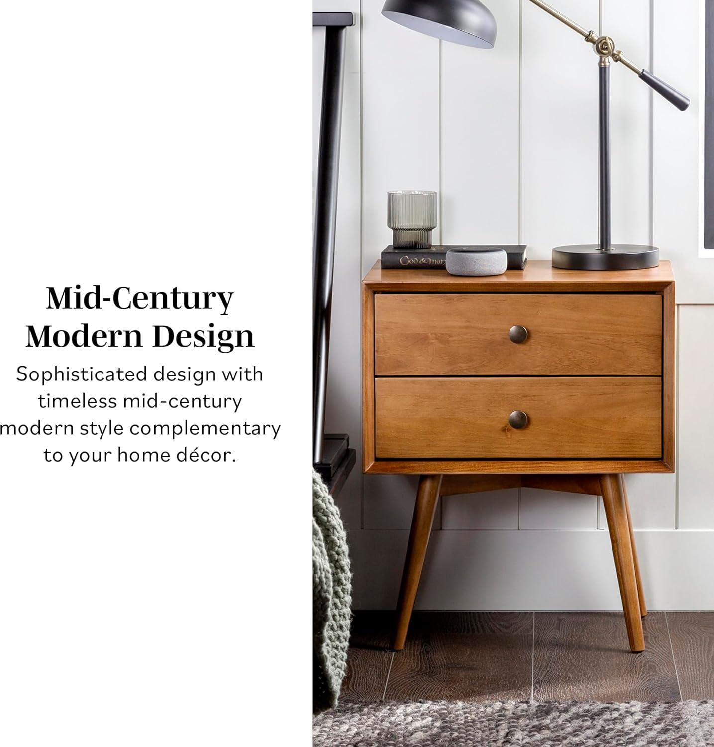 Greenberg 2 Drawer Mid-Century Modern Solid Wood Nightstand Caramel - Saracina Home: Pine, Beveled Edges, Antique-Finish Knobs