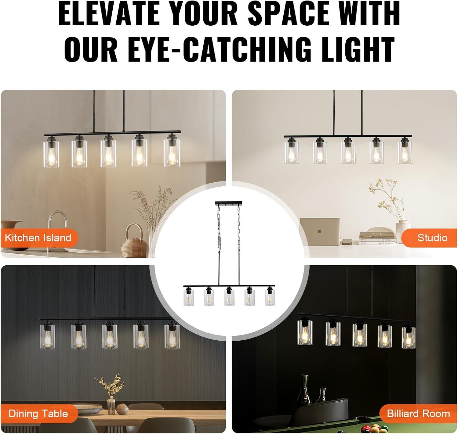 VEVOR 5-Light Adjustable Kitchen Island Pendant Light - 60W E26 Bulbs for Dining Room