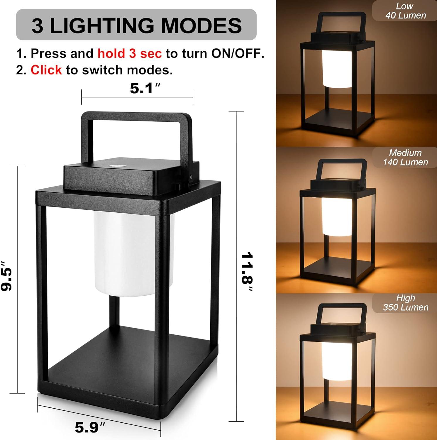 Aluminum Outdoor Table Lamp Lanterns for Patio Portable Table Lantern 35W 3000K 3-Level Brightness Touch Control LED IP44 Waterproof Cordless Rechargeable Outdoor Light with USB Port