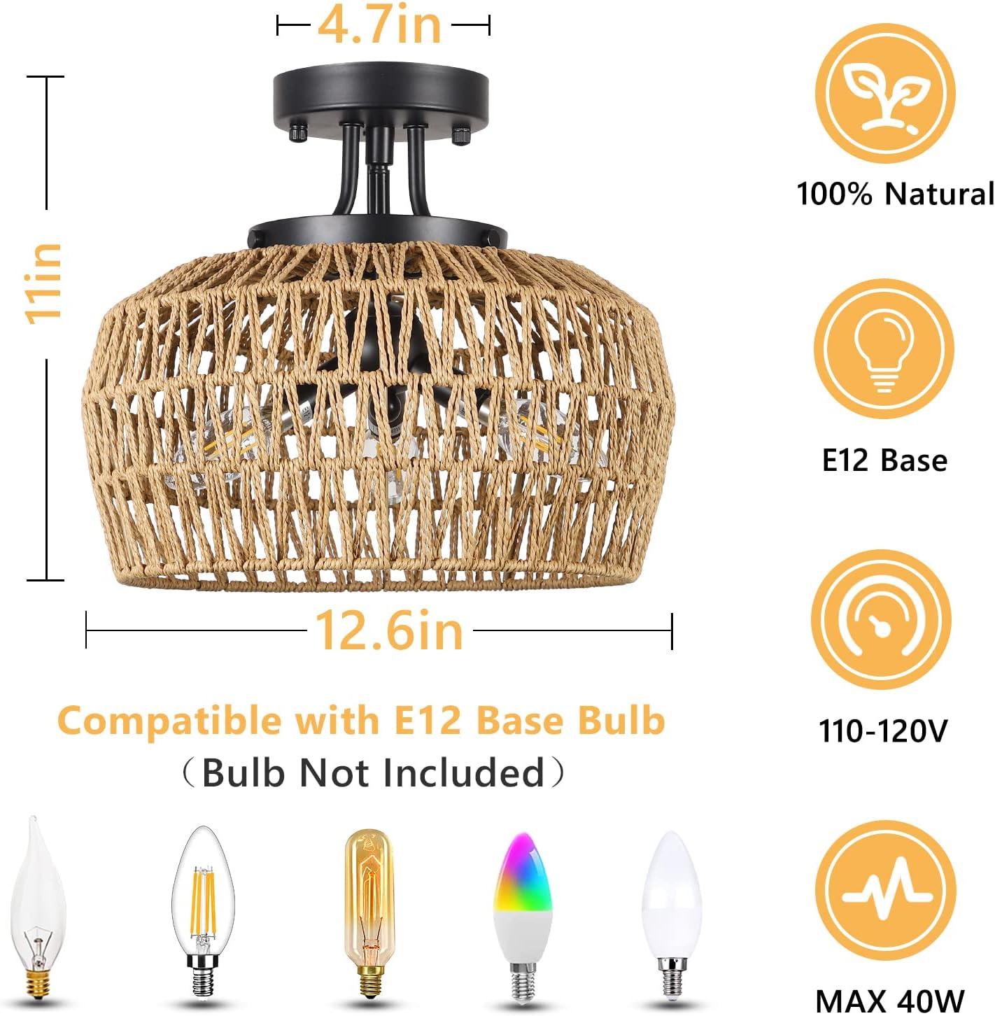 ACE-LIGHTS,3-Lights Semi Flush Mount Boho Chandelier Ceiling Light,Rattan Light Fixture Ceiling Mount with Handmade Wicker Lampshade for Bedroom,Living Room,Hallway,Kitchen(Brown)