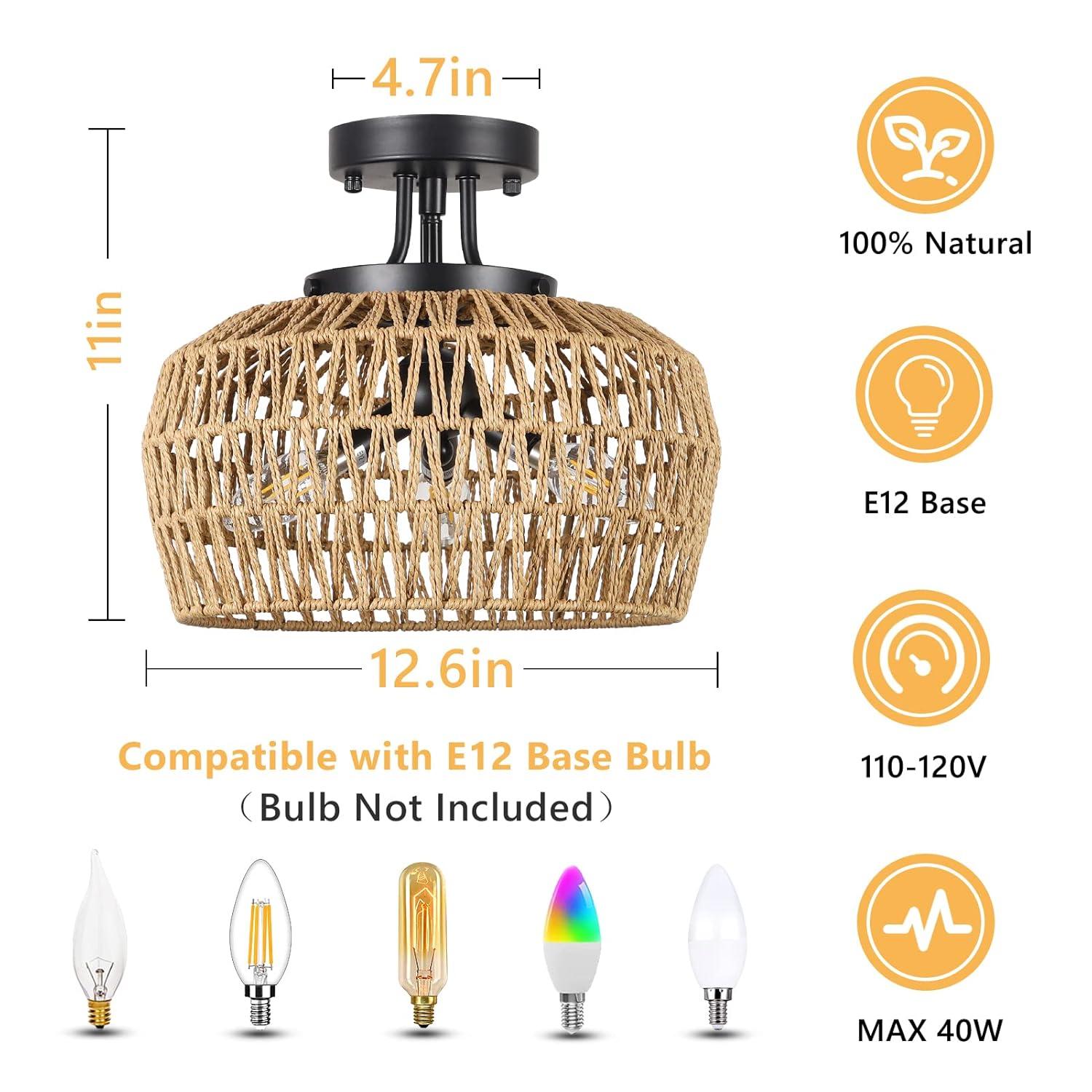ACE-LIGHTS,3-Lights Semi Flush Mount Boho Chandelier Ceiling Light,Rattan Light Fixture Ceiling Mount with Handmade Wicker Lampshade for Bedroom,Living Room,Hallway,Kitchen(Brown)