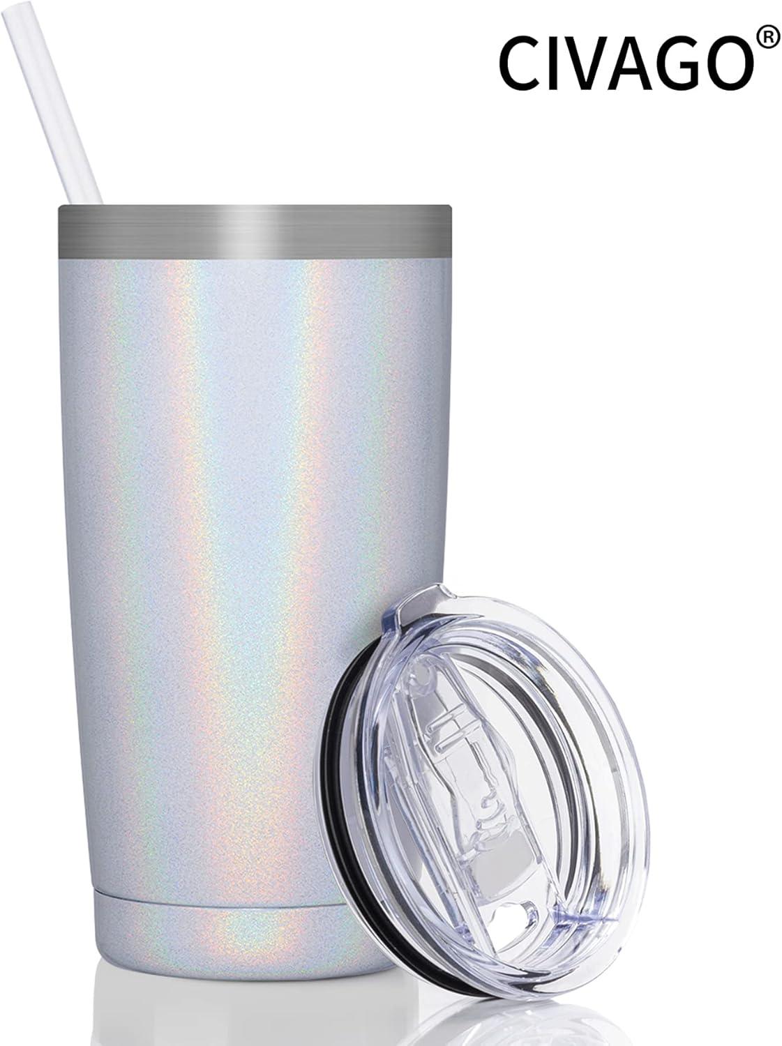 20oz Tumbler with Lid and Straw, Stainless Steel Vacuum Insulated Coffee Tumbler Cup, Double Wall Powder Coated Travel Mug (White, 1 Pack)