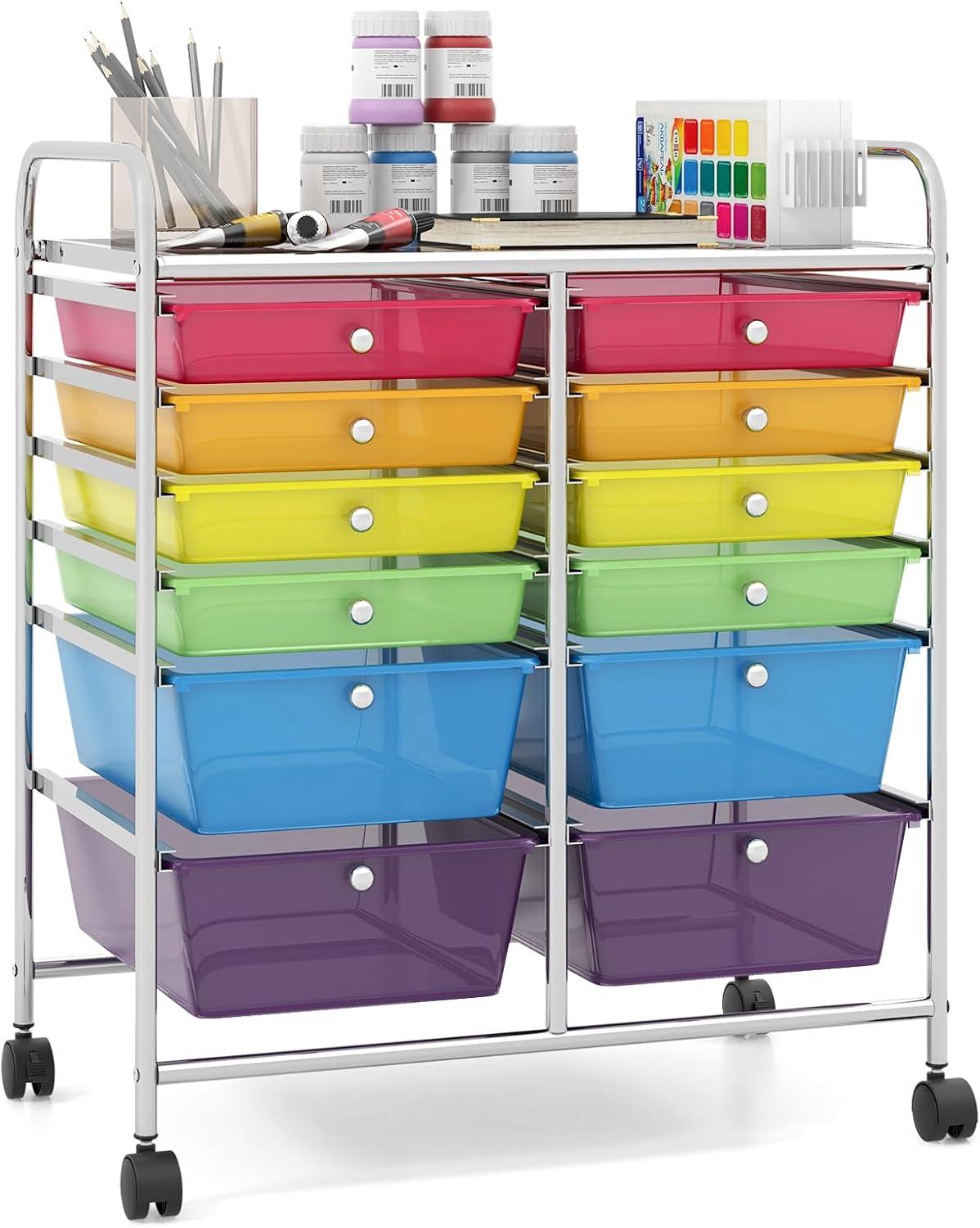 Topbuy 12-Drawers Rolling Storage Cart with Organizer Top Multi Color