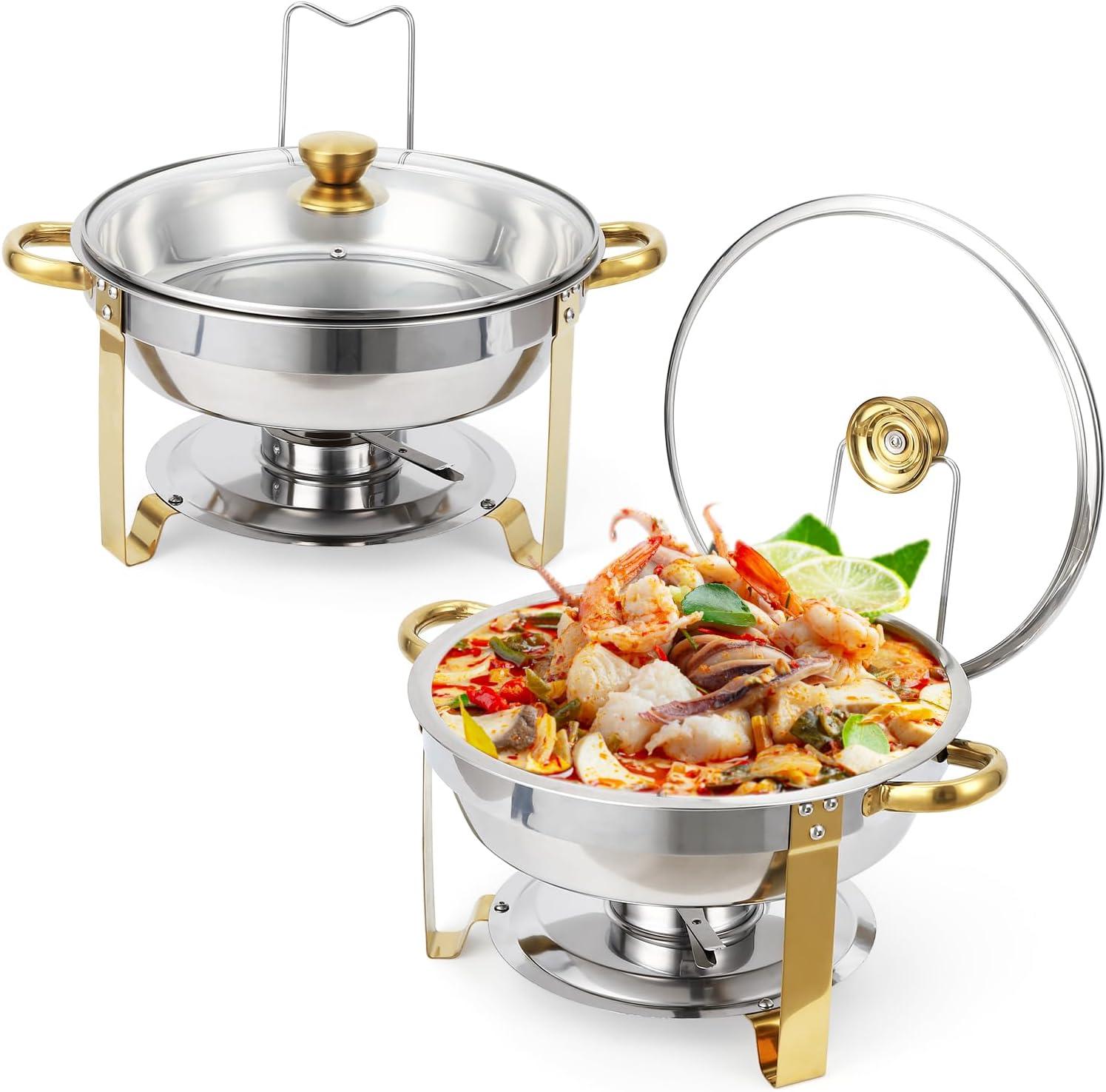 WhizMax Chafing Dish Buffet Set 2 Pack 5QT, Stainless Steel Round Chafing Dishes for Buffet with Lid Holder & Glass Lid, Gold