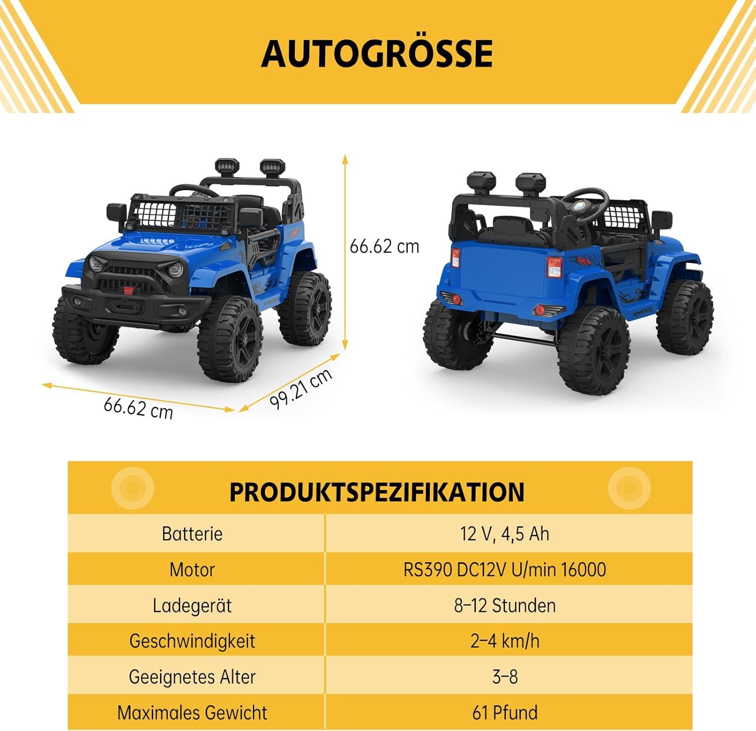 Ride on Truck Car 12V Kids Electric Vehicles with Remote Control Spring Suspension, LED Lights, Bluetooth, 2 Speeds