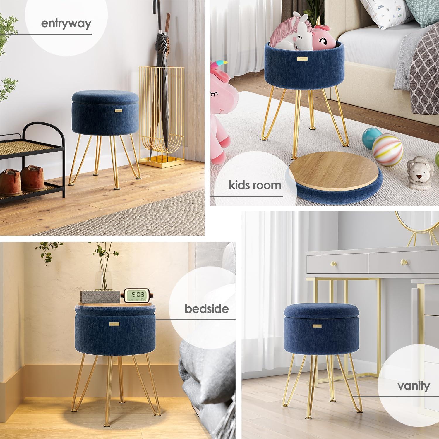 StorageBud Round Ottoman with Storage, Textured Velvet Storage Ottoman, Modern Foot Stool for Living Room and Bedroom - Blue with Gold Legs