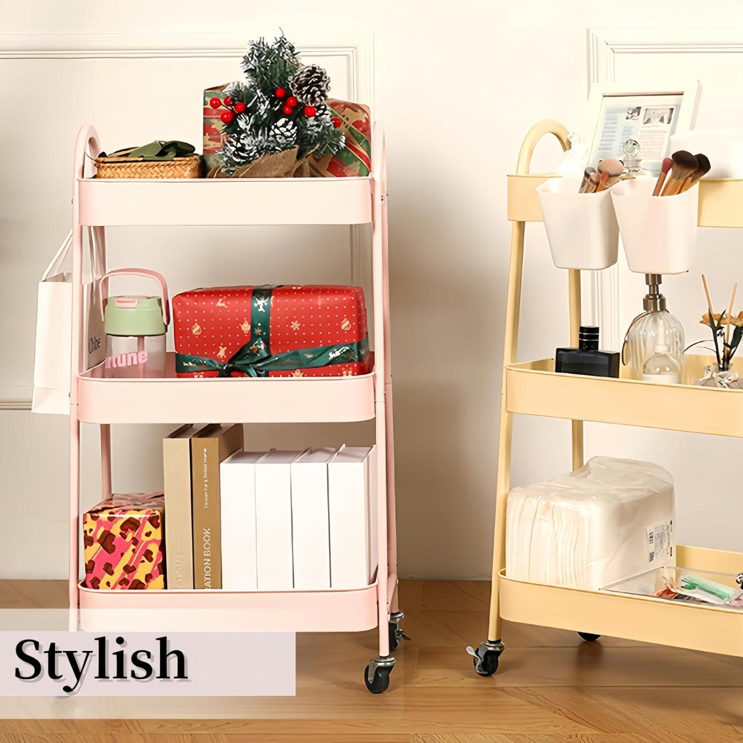 Pink 3-Tier Metal Rolling Kitchen Storage Cart with Wheels