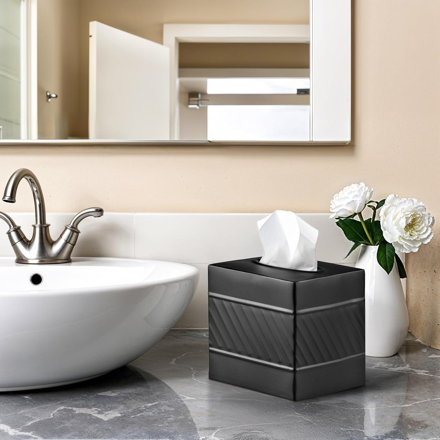 Monarch Abode Tissue Box Cover, Hand Hammered, Metal, Square Tissue Box Holder, Black