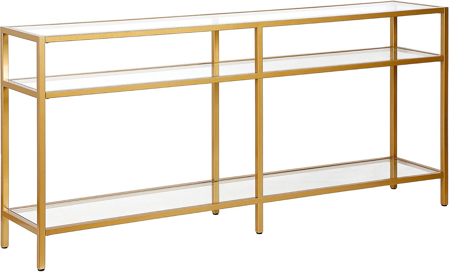 Golden Brass and Glass Rectangular Hallway Table with Storage