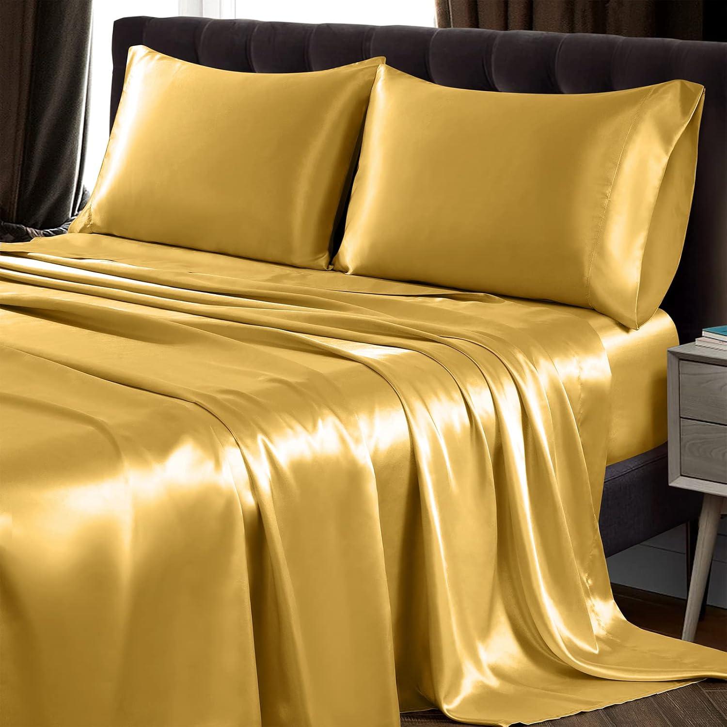 King Size Soft Gold Satin 4-Piece Deep Pocket Sheet Set