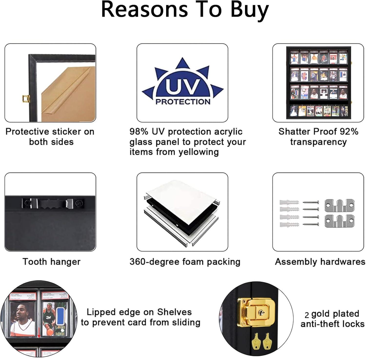 Estuche para Exhibición de Tarjetas Deportivas de 35 Grados: Marco de Exhibición de Tarjetas de Béisbol con Protección UV Gabinete de Pared con Cerradura Transparente para Tarjetas Coleccionables de Baloncesto Negro Vertical