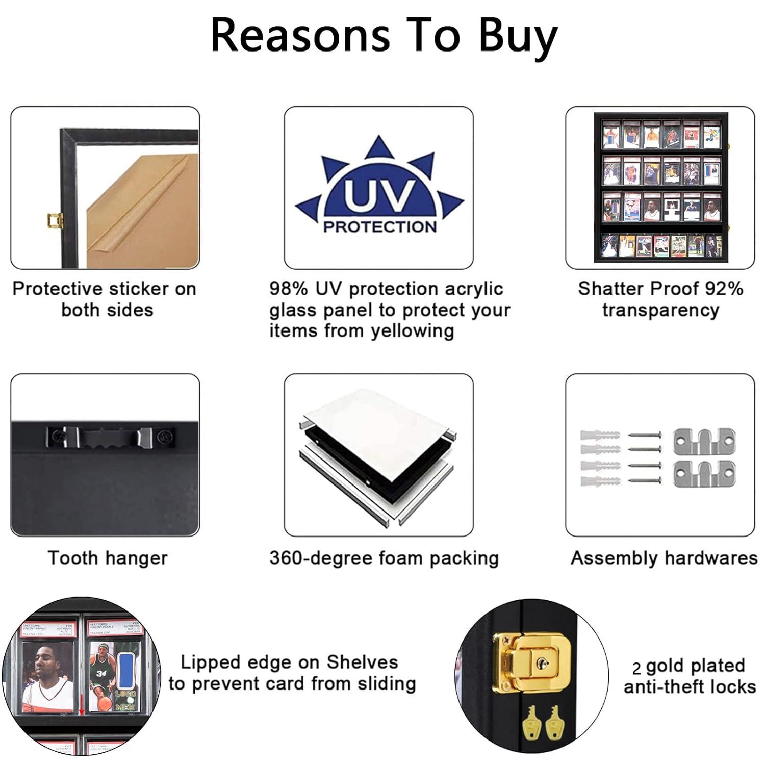 Estuche para Exhibición de Tarjetas Deportivas de 35 Grados: Marco de Exhibición de Tarjetas de Béisbol con Protección UV Gabinete de Pared con Cerradura Transparente para Tarjetas Coleccionables de Baloncesto Negro Vertical