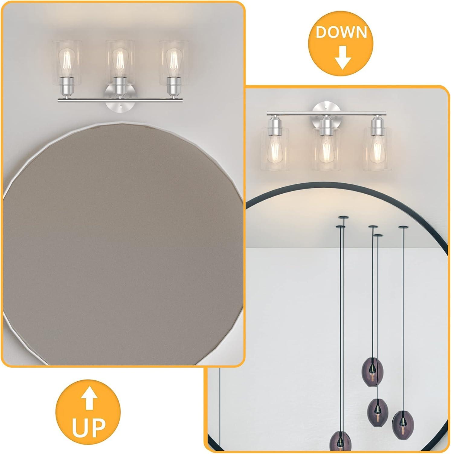 Vanity Wall Light Fixtures, Modern 3 Lights Wall Sconce with Clear Glass Shade, Brushed Nickel Farmhouse Wall Lamp for Bathroom Mirror Kitchen Porch Living Room Workshop (E26 Base)