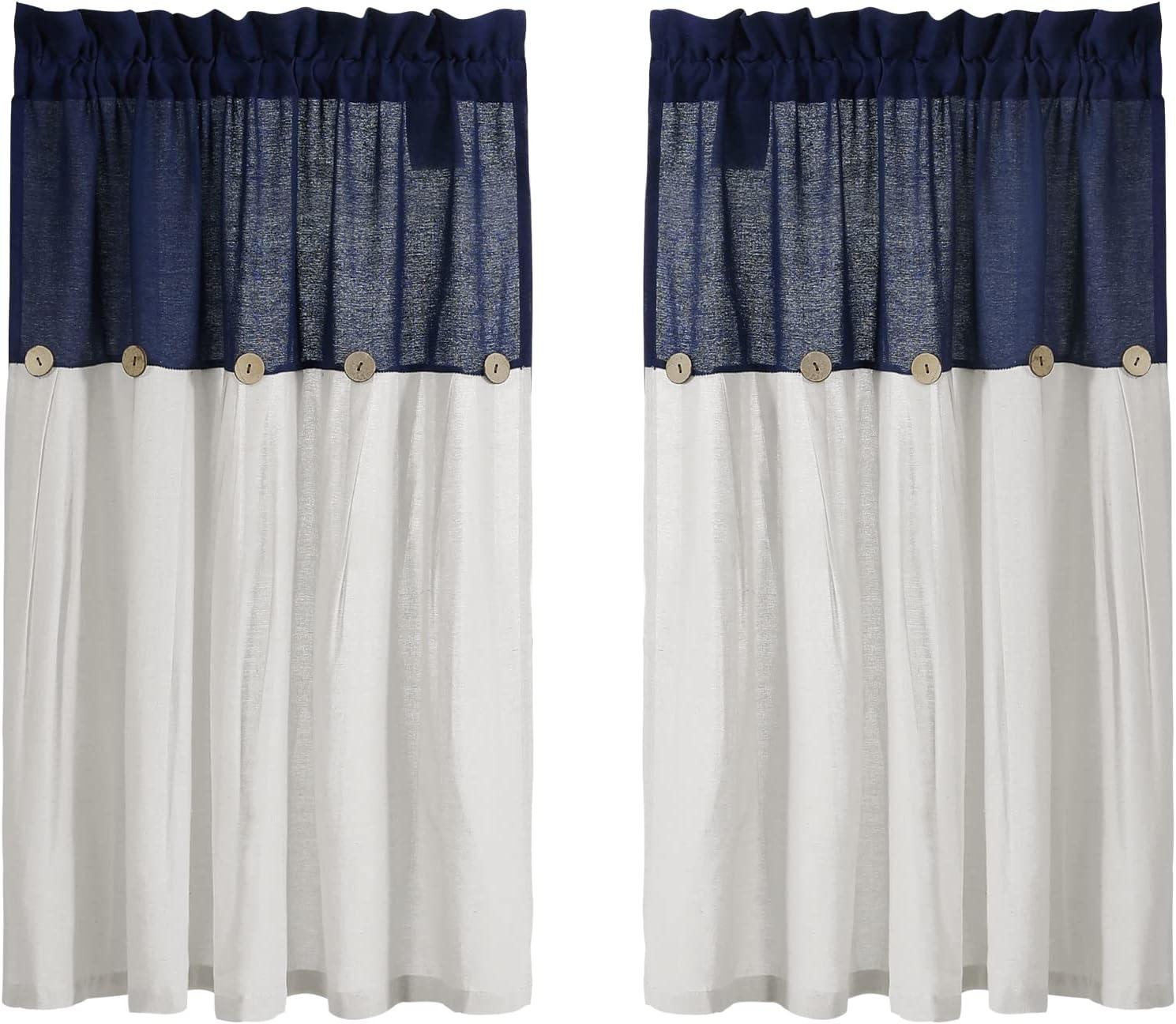 Navy and Off-White Light-Filtering Cotton Blend Kitchen Tier Curtains