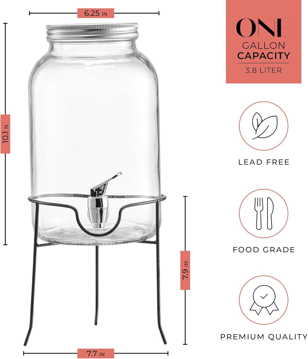 Clear Glass Beverage Dispenser with Metal Stand and Spigot