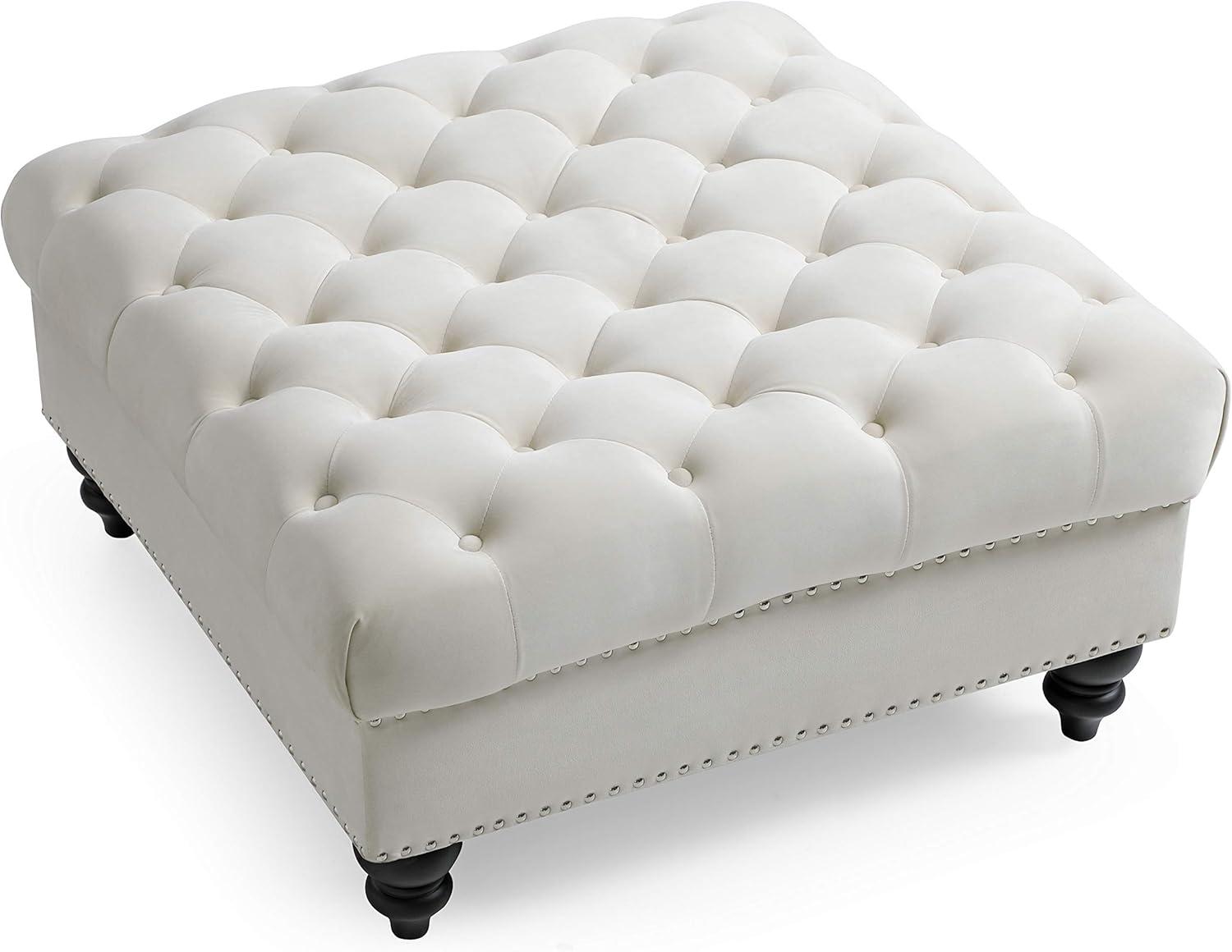 Nola Ivory Velvet 35" Tufted Ottoman with Chrome Nailheads