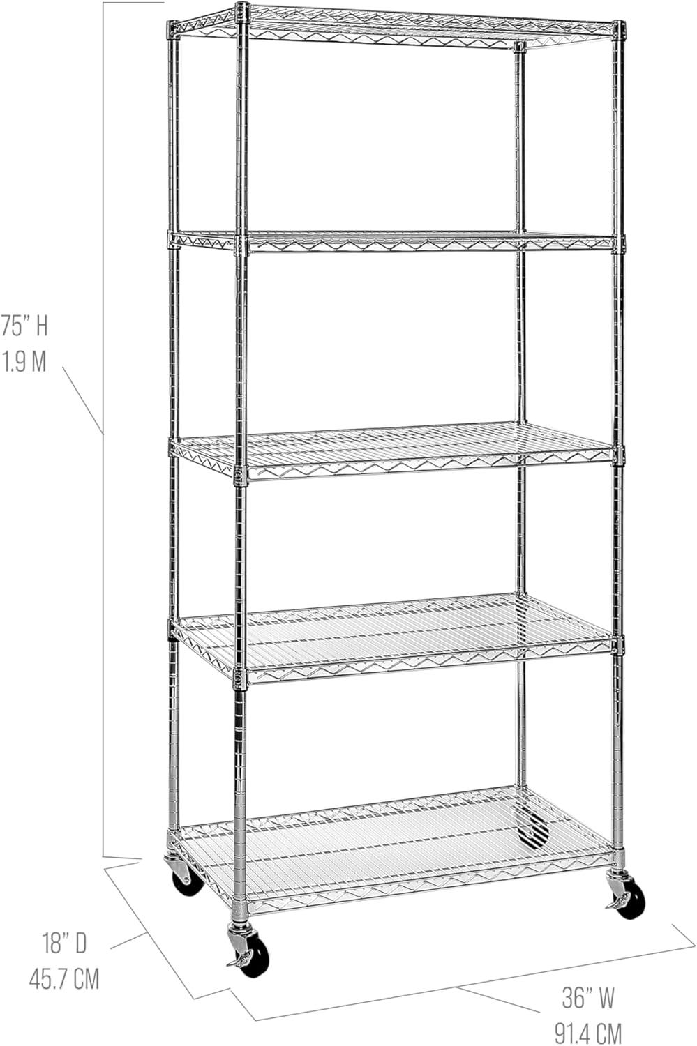 Seville Classics UltraDurable Commercial-Grade 5-Tier NSF-Certified Steel Wire Shelving with Wheels, 36" x 18", Steel