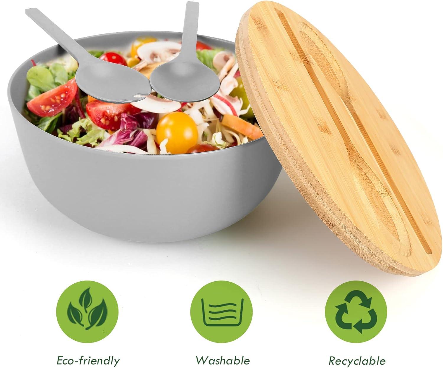 Large salad bowl with lid, upgraded version of bamboo fiber salad bowl with lid, 9.8-inch mixed salad bowl and server, and a set of free quick salad tools