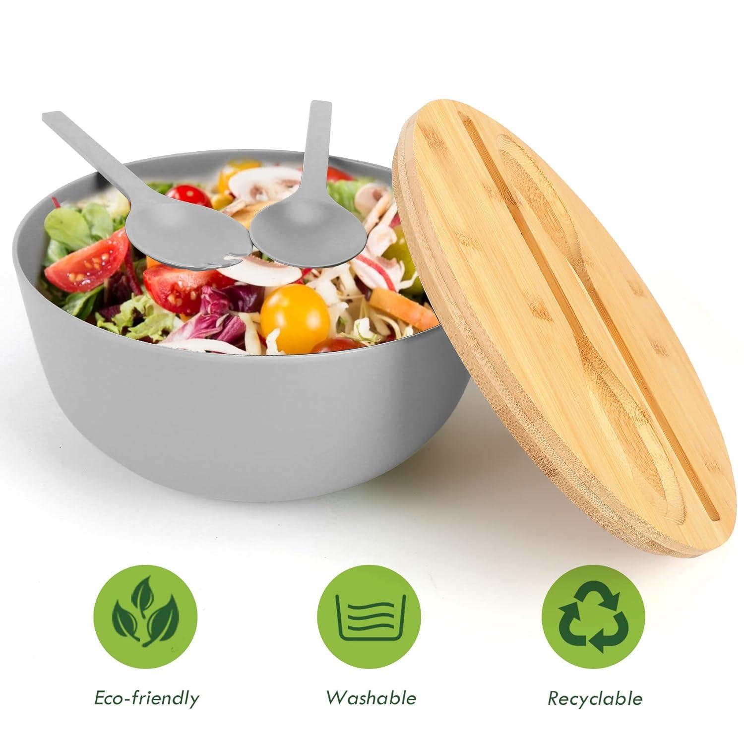 Large salad bowl with lid, upgraded version of bamboo fiber salad bowl with lid, 9.8-inch mixed salad bowl and server, and a set of free quick salad tools