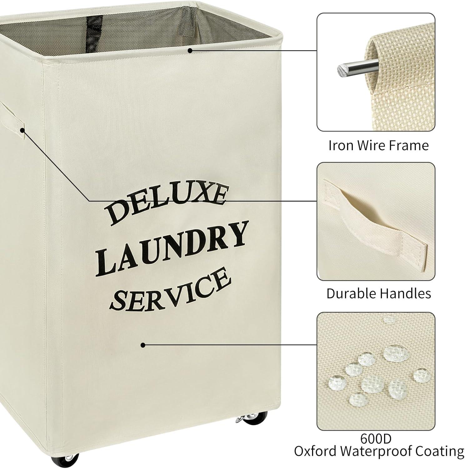 WOWLIVE Foldable Rectangular Deluxe Laundry Service Rolling Clothing Hamper Basket with Lockable Wheels for Laundry or Storage