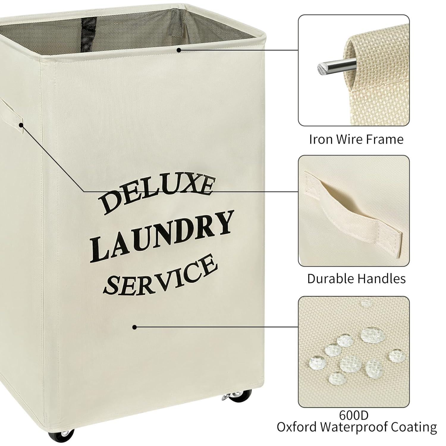 WOWLIVE 90L Foldable Rectangular Deluxe Laundry Service Rolling Clothing Hamper Basket with Lockable Wheels for Laundry or Storage, Beige