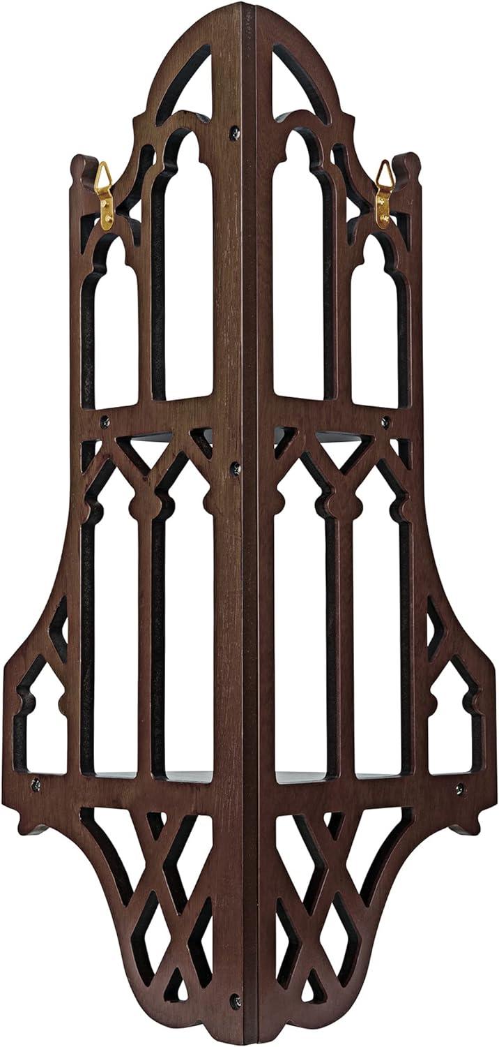 Gothic Walnut Wood Corner Wall Shelf with Intricate Carvings