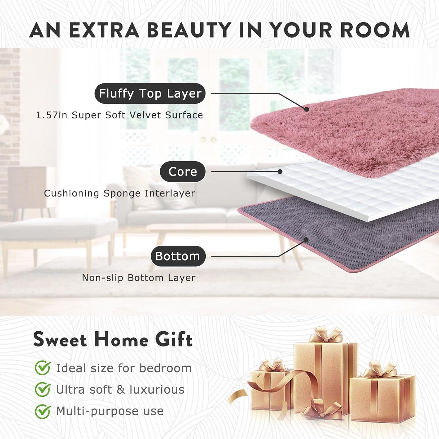 Large Shag Rug 6 x 9 for Living Room, Fluffy Blush Pink Area Rug for Girls Kids Bedroom, Soft Fuzzy Plush Throw Carpet, Non Slip Modern Indoor Shaggy Rug for Home Decor Aesthetic