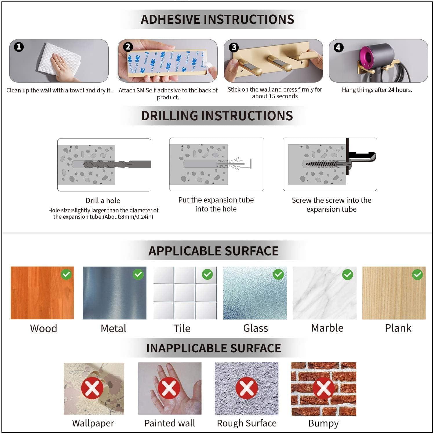 Hair Dryer Holder Wall Mount Compatible with Hair Dryer, 304 Stainless Steel Hair Dryer Blow Diffuser Holder Organizer Adhesive for The Bathroom, Silver