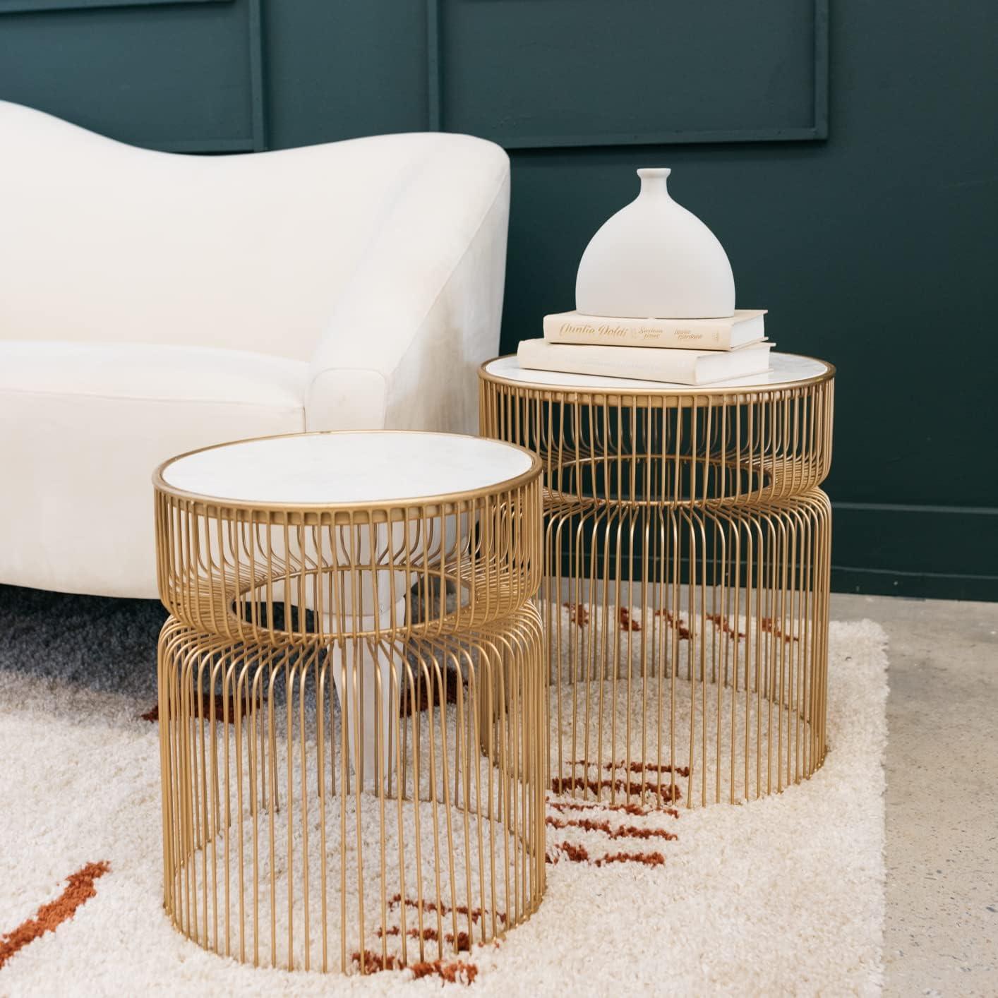 Transitional Gold & White Marble Round Side Table Set